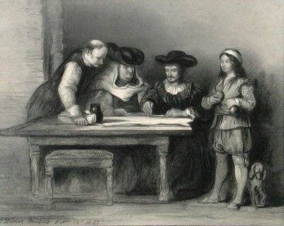 क्रिस्टोफर कोलंबस (1451-1506) 'द गैलरी ऑफ़ पोर्ट्रेट्स' से ला रबिडा के मठ में, 1833 में प्रकाशित (उत्कीर्णन) द्वारा डेविड (बाद में) विल्की