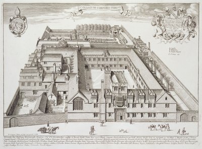 कॉर्पस क्रिस्टी कॉलेज, ऑक्सफोर्ड, 'ऑक्सोनिया इलस्ट्रेटेड' से, 1675 में प्रकाशित (उत्कीर्णन) द्वारा डेविड लोगन
