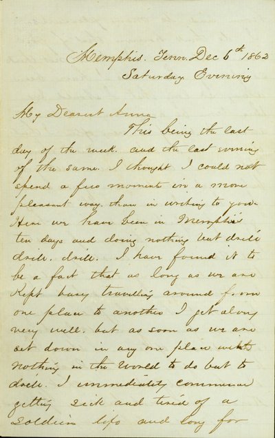 डीपी ग्रियर, मेम्फिस, टेन्न से अन्ना मैककिनी को पत्र, 6 दिसंबर, 1862 द्वारा डेविड पर्किन्स ग्रियर