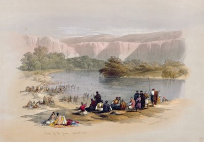 जॉर्डन के बैंक, अप्रैल 2, 1839, &39;द होली लैंड&39; के वॉल्यूम II से प्लेट 48, लुई हागे (1806-85) पब द्वारा उत्कीर्ण। 1843 द्वारा डेविड रॉबर्ट्स