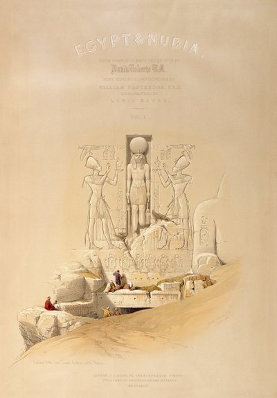 लंदन, 1846 में प्रकाशित लुई हेघे (1806-85) द्वारा उत्कीर्ण &39;मिस्र और नूबिया&39; के खंड I के शीर्षक पृष्ठ, अबू सिम्बल के महान मंदिर का प्रवेश द्वारा डेविड रॉबर्ट्स