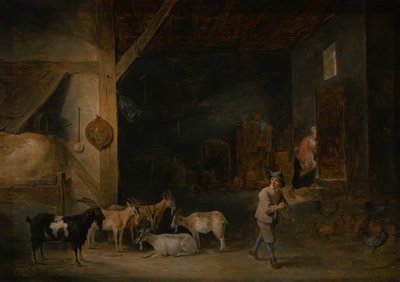 बकरियों के साथ खलिहान और रिकॉर्डर बजाता एक लड़का, c.1640-45 द्वारा डेविड टेनियर्स द यंगर