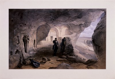 इंकर्मन लुकिंग वेस्ट, क्रीमिया, यूक्रेन, 1855 में गुफाओं में खुदाई वाला चर्च द्वारा दिन और बेटा