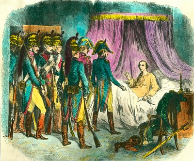 लुई एंटोनी हेनरी डी बॉर्बन, ड्यूक ऑफ एनघियन (1772-1804) की गिरफ्तारी, पहले कॉन्सल नेपोलियन बोनापार्ट के खिलाफ साजिश रचने के सबूत के बिना संदिग्ध। डेनिस अगस्टे रैफेट द्वारा उत्कीर्णन (1804-1860) 19वीं सदी। निजी संग्रह द्वारा डेनिस अगस्टे मैरी रैफेट