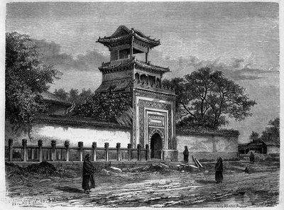 1870 के दशक में पेकिन (बीजिंग) में मस्जिद। एडोअर्ड चार्टन, पेरिस द्वारा संपादित "" ले टूर डू मोंडे, नोव्यू जर्नल डेस वॉयेजेस" में डेरॉय द्वारा एक ड्राइंग के बाद उत्कीर्णन द्वारा Deroy (बाद)
