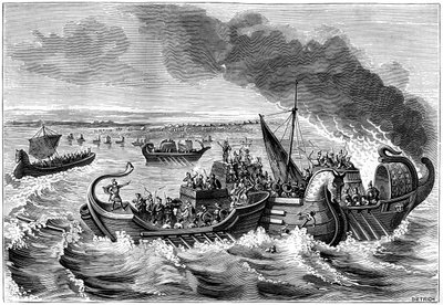 रोमन और वेनेटी जहाजों, लॉयर नदी, 56 ईसा पूर्व 1882-1884 के बीच मुकाबला। द्वारा Dietrich