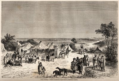 डॉ हेनरी बार्थ के अफ्रीका के केंद्र में 1849-1855 की यात्रा को चित्रित करने के लिए लैंसलॉट द्वारा चित्रित एक टौरेग शिविर। "दुनिया भर में, नई यात्रा पत्रिका" "पेरिस" में उत्कीर्णन द्वारा डायडोनेन्स अगस्टे लैंसेलोट
