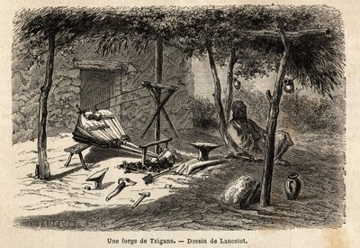 वलाचिया, रोमानिया के क्षेत्र में एक जिप्सी फोर्ज। 1860 में लैंसलॉट, ड्राफ्ट्समैन द्वारा पेरिस से बुखारेस्ट की यात्रा को चित्रित करने के लिए उत्कीर्णन, एडौर्ड चार्टन के निर्देशन में "ले टूर डू मोंडे, नोव्यू जर्नल डेस वॉयेज" में प्रकाशित हुआ। द्वारा डायडोनेन्स अगस्टे लैंसेलोट