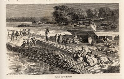 1860 में पेरिस से बुखारेस्ट तक विक्टर ड्यूरु की यात्रा को चित्रित करने के लिए लैंसलॉट द्वारा चित्रित माल और लोगों के परिवहन के लिए डेन्यूब पर एक लकड़ी का बेड़ा। एडौर्ड चार्टन द्वारा संपादित "" ले टूर डू मोंडे" में उत्कीर्णन द्वारा डायडोनेन्स अगस्टे लैंसेलोट