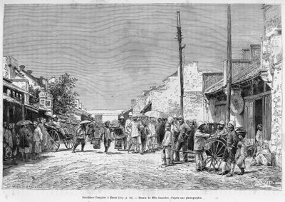 हनोई में फ्रांसीसी निवास। लैंसलॉट द्वारा उत्कीर्णन, एक तस्वीर के बाद, 1884 में ट्रेंटे मोइस औ टोनकिन की कहानी को चित्रित करने के लिए, डॉक्टर होक्क्वार्ड द्वारा, ले टूर डू मोंडे 1889 में, एडौर्ड चार्टन (1807-1890), हैचेट, पेरिस द्वारा निर्देशित। द्वारा डायडोनेन्स अगस्टे लैंसेलोट