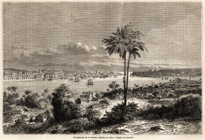 क्यूबा की राजधानी हवाना का सामान्य दृश्य, रिचर्ड डाना (1815-1882) द्वारा 1859 में क्यूबा द्वीप की यात्रा को चित्रित करने के लिए लैंसलॉट द्वारा चित्रित। "" ले टूर डू मोंडे, नोव्यू जर्नल डेस वॉयेजेस "" पेरिस में उत्कीर्णन द्वारा डायडोनेन्स अगस्टे लैंसेलोट