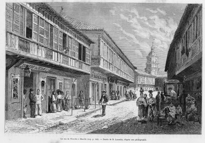 मनीला में रुए डे ल'एस्कोल्टा। एल्फ्रेड मार्चे (1844-1898) द्वारा, एडोअर्ड चार्टन (1807-1890), हैचेट, पेरिस द्वारा निर्देशित, ले टूर डू मोंडे 1886 में, फिलीपींस में छह साल, ल्यूकोन और पलाऊन की कहानी को चित्रित करने के लिए लेंसलॉट द्वारा उत्कीर्णन। द्वारा डायडोनेन्स अगस्टे लैंसेलोट