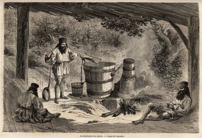 रकीउ का निर्माण, अनाज शराब, रोमानिया में बहुत आम है। 1860 में लैंसलॉट, ड्राफ्ट्समैन द्वारा पेरिस से बुखारेस्ट की यात्रा को चित्रित करने के लिए उत्कीर्णन, निर्देशन के तहत "ले टूर डू मोंडे, नोव्यू जर्नल डेस वॉयेज" में प्रकाशित हुआ। द्वारा डायडोनेन्स अगस्टे लैंसेलोट