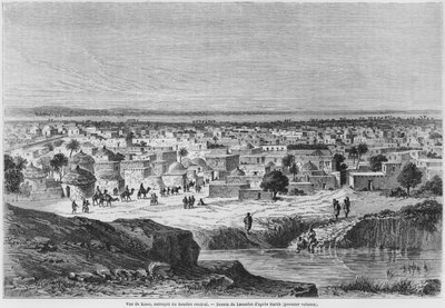 हेनरी बर्थ (1821-65) द्वारा &39;ले टूर डू मोंडे&39; में प्रकाशित &39;ट्रैवल एंड डिस्कवर्स इन नॉर्थ एंड सेंट्रल अफ्रीका&39; से कानो, नाइजीरिया का दृश्य, चार्ल्स मौरंड (19 वीं शताब्दी) 1860 (इंग्लैंड) द्वारा डायडोनेन्स अगस्टे लैंसेलोट