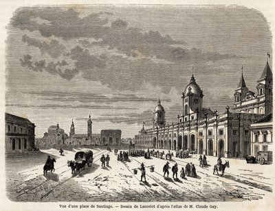 1823 में जियोवानी मस्ताई फेरेटी (1792-1878, भविष्य पायस IX) द्वारा दक्षिण अमेरिका की यात्रा को चित्रित करने के लिए लैंसलॉट द्वारा चित्रित सैंटियागो (चिली) में एक वर्ग का दृश्य। "" ले टूर डू मोंडे, नोव्यू जर्नल डेस वॉयेजेस "" पेरिस में उ द्वारा डायडोनेन्स अगस्टे लैंसेलोट
