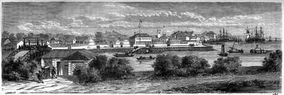 1860, चीन में शंघाई में हुआंगपु नदी पर संयुक्त राज्य अमेरिका की रियायत का दृश्य। लैंसलॉट द्वारा उत्कीर्णन, "ले टूर डू मोंडे, नोव्यू जर्नल डेस वॉयेज" में, एडौर्ड चार्टन, पेरिस द्वारा संपादित द्वारा डायडोनेन्स अगस्टे लैंसेलोट