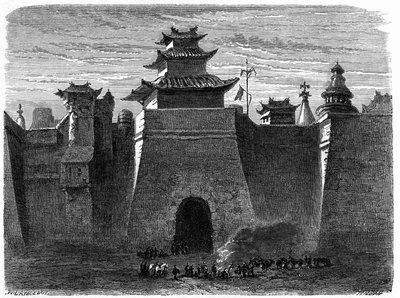 पेकिन (बीजिंग), चीन की दीवारें और गेट। लैंसलॉट द्वारा उत्कीर्णन, "ले टूर डू मोंडे, नोव्यू जर्नल डेस वॉयेज" में, एडौर्ड चार्टन, पेरिस द्वारा संपादित द्वारा डायडोनेन्स अगस्टे लैंसेलोट