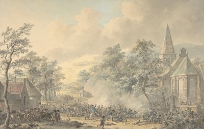 दाहिनी ओर चर्च के साथ युद्ध दृश्य, सीए। 1790-1800। द्वारा डिर्क लैंगेंडिज्क