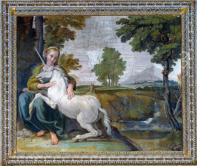 एक गेंडा के साथ कन्या। 1604-1605 द्वारा Domenichino