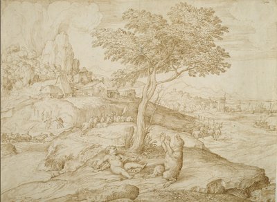 आर्कास को जन्म देने के बाद कॉलिस्टोस का एक परिवर्तन में परिवर्तन, c.1558 (क्रीम रखी कागज पर कलम और भूरी स्याही) द्वारा डोमिनिको कैंपाग्नोला