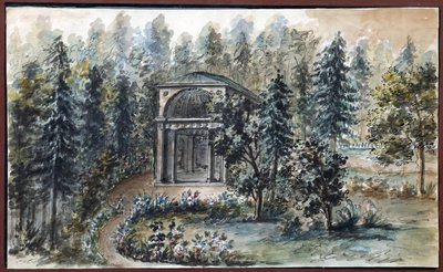 Pavillon en memoire de Frederica, soeur de l'imperatrice Maria Feodorovna, a Pavlovsk - Pavlovsk - Domenico Felice Lamoni (1745-1830) में फ़्रेडरिका, महारानी मारिया फ़्योदोरोव्ना की बहन की याद में मंडप। कागज पर जल रंग और सफेद रंग, १७८७ के बाद द्वारा डोमिनिको फेलिस लामोनी