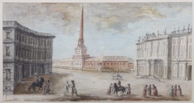 सेंट पीटर्सबर्ग में पैलेस स्क्वायर - डोमेनिको फेलिस लैमोनी (1745-1830)। कागज पर जल रंग और सफेद रंग, 1780 के दशक का अंत। सेंट पीटर्सबर्ग के इतिहास का राज्य संग्रहालय द्वारा डोमिनिको फेलिस लामोनी