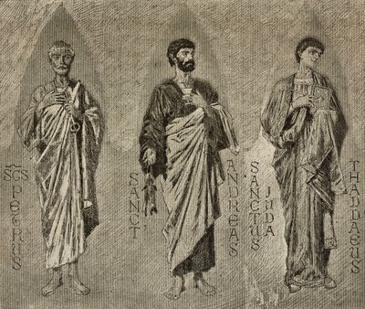 संत पीटर, एंड्रयू और जूड द एपोस्टल, अमाल्फी कैथेड्रल, इटली, इटली में मोज़ेक के लिए डोमिनिको मोरेली द्वारा कार्टून, पी स्कोपेट्टा द्वारा ड्राइंग, एल'इलस्ट्राज़ियोन इटालियाना से उत्कीर्णन, संख्या 42, अक्टूबर 10 द्वारा डोमनिको मोरेली