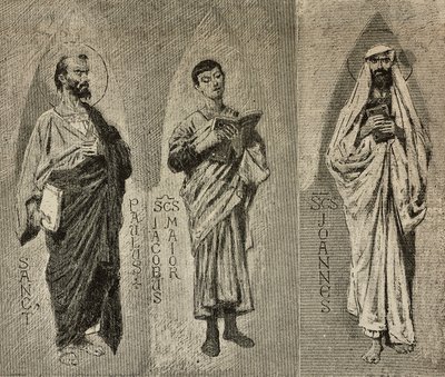 सिंट्स पॉल, जेम्स द ग्रेट और जॉन, अमाल्फी कैथेड्रल, इटली के मोज़ेक के लिए डोमिनिको मोरेली द्वारा कार्टून, पी स्कोपेट्टा द्वारा ड्राइंग, एल'इलस्ट्राज़ियोन इटालियाना से उत्कीर्णन, संख्या 42, अक्टूबर 10 द्वारा डोमनिको मोरेली
