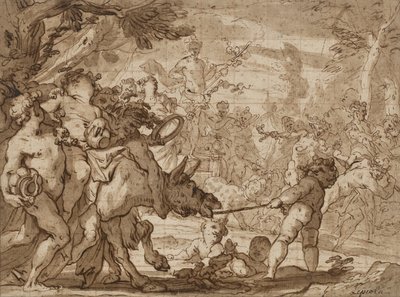 Bacchus की विजय, c.1642-1703 (कलम और भूरे रंग की स्याही और लाल कागज पर लाल चाक धोना द्वारा डोमिनिको द एल्डर पियोला