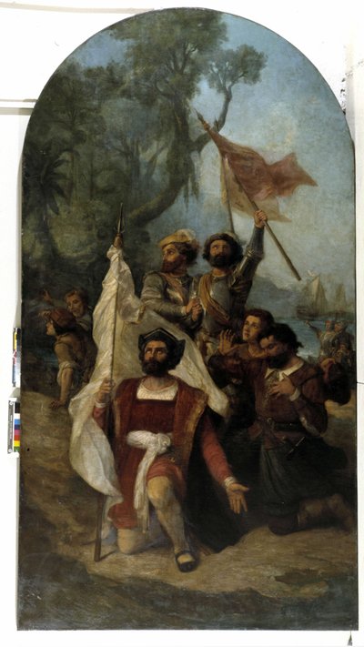 नाविक क्रिस्टोफर कोलंबस (क्रिस्टोफोरो कोलंबो, क्रिस्टोबल कोलन) (1451-1506) जब वे 1492 में नई दुनिया में पहुंचे (कैनवास पर तेल) द्वारा डोमिनिक मैगुड
