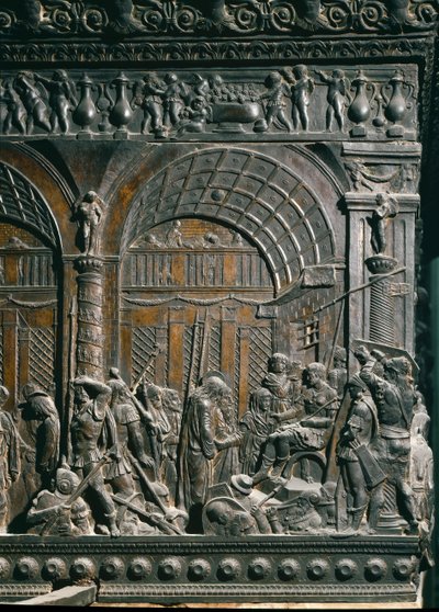 पोंटियस पिलातुस से पहले मसीह। विवरण। बाएं पल्पिट की कम राहत, c.1460 लगभग द्वारा Donatello