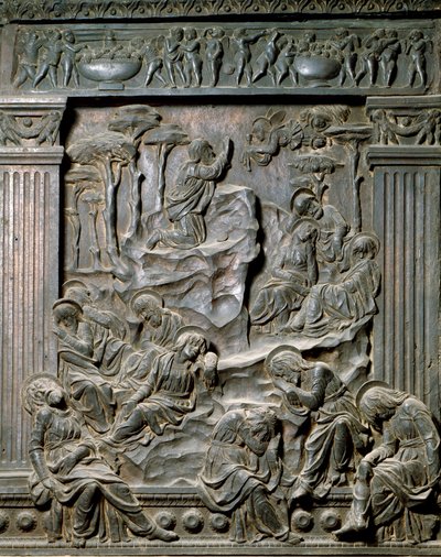 जैतून के पहाड़ पर प्रार्थना। बाईं ओर कुर्सी की कम राहत, c.1460 द्वारा Donatello