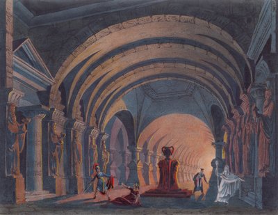 रॉसिनी द्वारा सेमिरमिस का 4 वां अधिनियम, 1845 में एम्स्टर्डम में मंच डिजाइन के बारे में एक पुस्तक में प्रकाशित हुआ द्वारा डच स्कूल