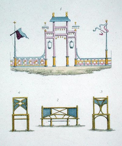 चीनी गेट और गार्डन सीट्स, जी. वैन लार द्वारा 'मैगजीन ऑफ गार्डन जेम्स' से, 1802 प्रकाशित (कलर लिथो) द्वारा डच स्कूल