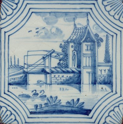 Delft टाइल, 19 वीं शताब्दी में एक नहर के ऊपर एक ड्रॉब्रिज दिखा द्वारा डच स्कूल