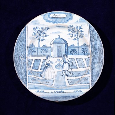 Delftware अप्रैल के महीने को दर्शाती प्लेट (टिन-चमकता हुआ मिट्टी के बरतन) द्वारा डच स्कूल