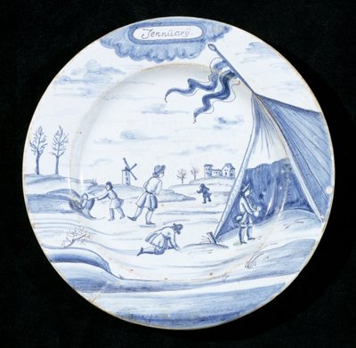 Delftware प्लेट जनवरी के महीने (टिन-चमकता हुआ मिट्टी के बरतन) का चित्रण द्वारा डच स्कूल