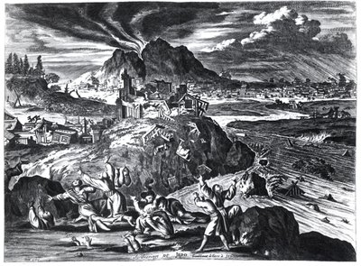 1659 में एदो (टोक्यो) में भूकंप, एम्स्टर्डम में 1669 में प्रकाशित जापान के सम्राट को डच ईस्ट इंडिया कंपनी द्वारा भेजे गए दूतावासों के अर्नोल्ड मोंटानुस द्वारा खाते से चित्रण द्वारा डच स्कूल