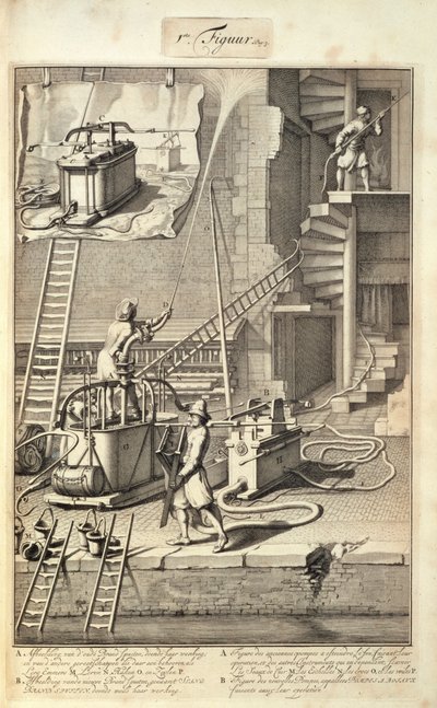 हॉलैंड में अग्निशमन पर एक पुस्तक से अग्निशमन मशीनरी, c.1700 प्रकाशित द्वारा डच स्कूल