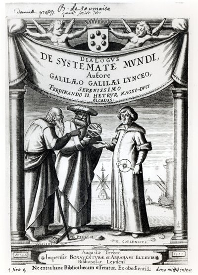 गैलीलियो ने विश्व की बातचीत प्रणाली के frontispiece (1564-1642), लिदेन में, 1635 में प्रकाशित द्वारा डच स्कूल