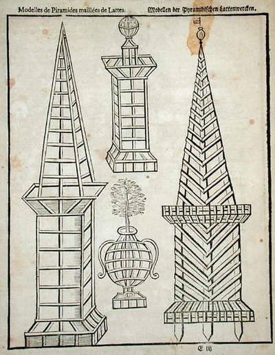 जोहान वैन डेर ग्रोएन द्वारा 'द डच गार्डनर' से लैटिसवर्क पिरामिड, 1699 में प्रकाशित (उत्कीर्णन) द्वारा डच स्कूल