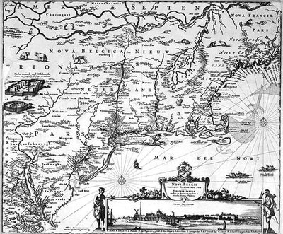 न्यू एम्स्टर्डम का नक्शा, c.1650 (उत्कीर्णन) द्वारा डच स्कूल