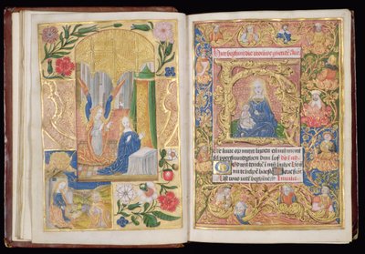 सुश्री 144, ff.13v-14r: अनाउंसमेंट एंड वर्जिन एंड चाइल्ड, एक बुक ऑफ़ आवर्स से लघुचित्र, यूट्रेच का उपयोग, c.1500-20 (चर्मपत्र पर सोने की पत्ती और सोने और रंगीन स्याही) द्वारा डच स्कूल