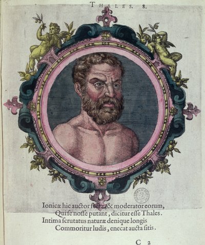 मिलेटस (c.625-547 ईसा पूर्व), वर्ष से और जोहान्स Sambucus द्वारा नए चिकित्सकों और दार्शनिकों आइकन (1531-1584) के थेल्स, एंटवर्प 1574 (रंग उत्कीर्णन) में Plantin द्वारा प्रकाशित द्वारा डच स्कूल