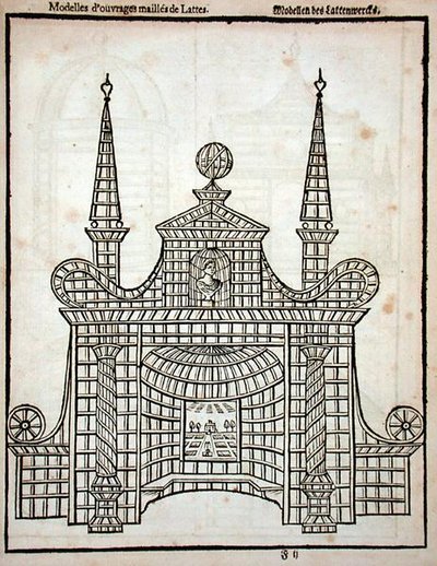 जोहान वैन डेर ग्रोएन द्वारा 'द डच गार्डनर' से ट्रेलिसवर्क डिज़ाइन, 1699 में प्रकाशित (उत्कीर्णन) द्वारा डच स्कूल