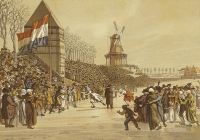 महिला आइस स्केटिंग दौड़, ल्यूवर्ड, नीदरलैंड, 1805 द्वारा डच स्कूल
