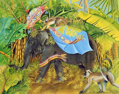 बंदरों और पारसोल के साथ हाथी, 2005 (कैनवास पर एक्रिलिक) द्वारा ईब वाट्स
