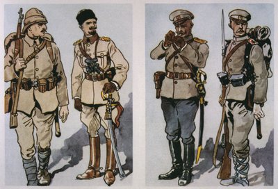 1917 के तुर्की इन्फैंट्रीमैन और अधिकारी (बाएं) और बल्गेरियाई इन्फैंट्री अधिकारी और 1917 के फुट सैनिक (दाएं) (रंग लिथो) द्वारा ई. (बाद में) डोब्रीच