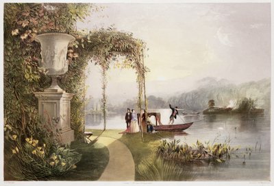 &39;द गार्डन्स ऑफ़ इंग्लैंड&39; से लेक, ट्रेंटम हॉल गार्डन, 1857 (क्रोमोलिथो) प्रकाशित द्वारा ई। एडवेनो ब्रुक