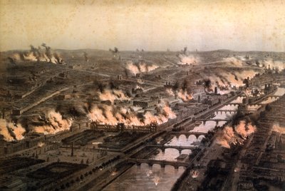 मई 1871 में कम्यून के दौरान पेरिस में आग का पैनोरमा द्वारा ई। दरोई